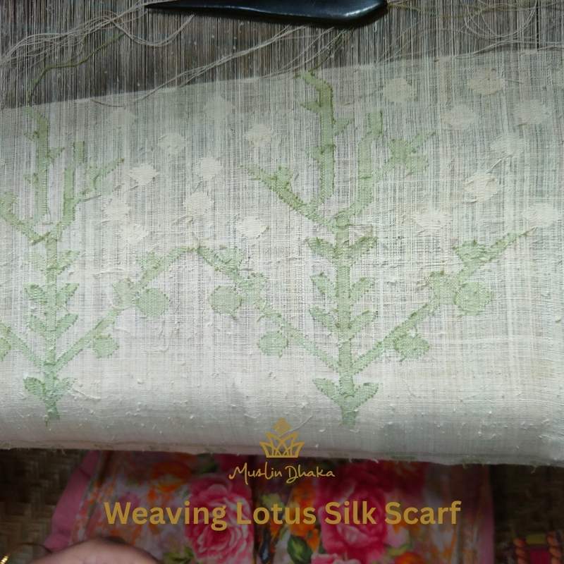Weaving Lotus Silk Scarf in Dhaka with Jamdani pattern